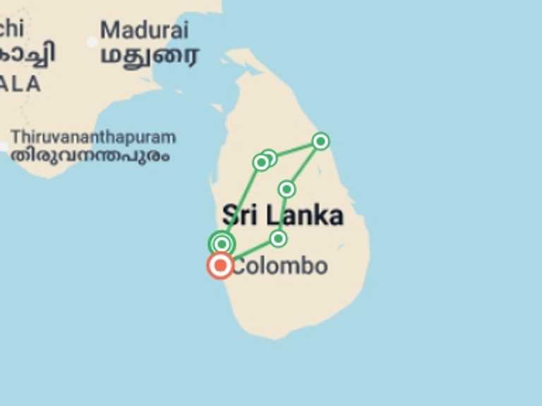 Map itinerary of Asia Tour in November 2026 with 7 destination visits for the trip: Highlights of Sri Lanka