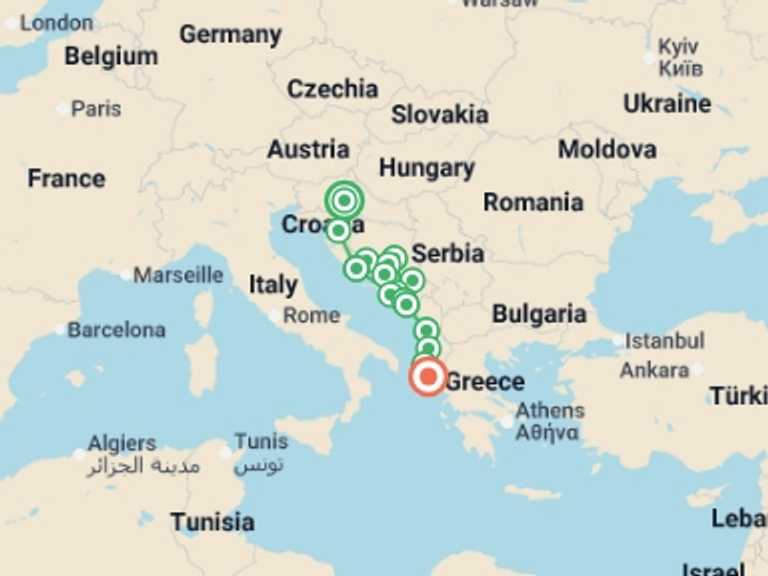Map itinerary of Mediterranean Tour in September 2027 with 16 destination visits for the trip: Zagreb to Corfu: Epic Hikes & Medieval Fortresses