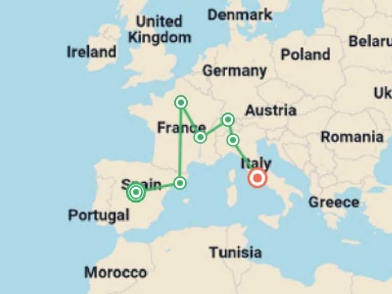 Map itinerary of Madrid Tour in July 2026 with 7 destination visits for the trip: European Wonders