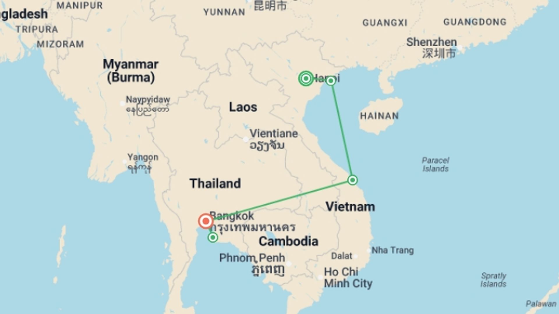 A map showing the tour itinerary for the trip: North Vietnam, Bangkok & Pattaya - 14 days, starting in Hanoi, Vietnam and ending in Bangkok, Thailand going through 3 other destinations.