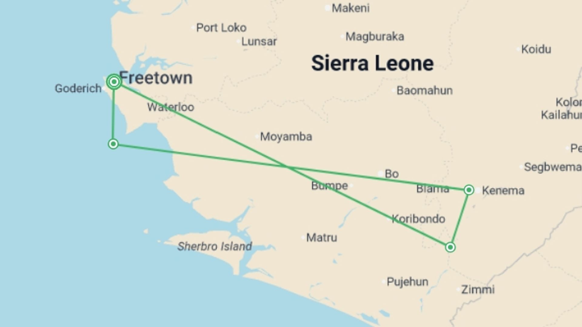 A map showing the tour itinerary for the trip: Sierra Leone Adventure: History, Culture & Nature, starting in Freetown, Sierra leone and ending in Freetown, Sierra leone going through 3 other destinations.
