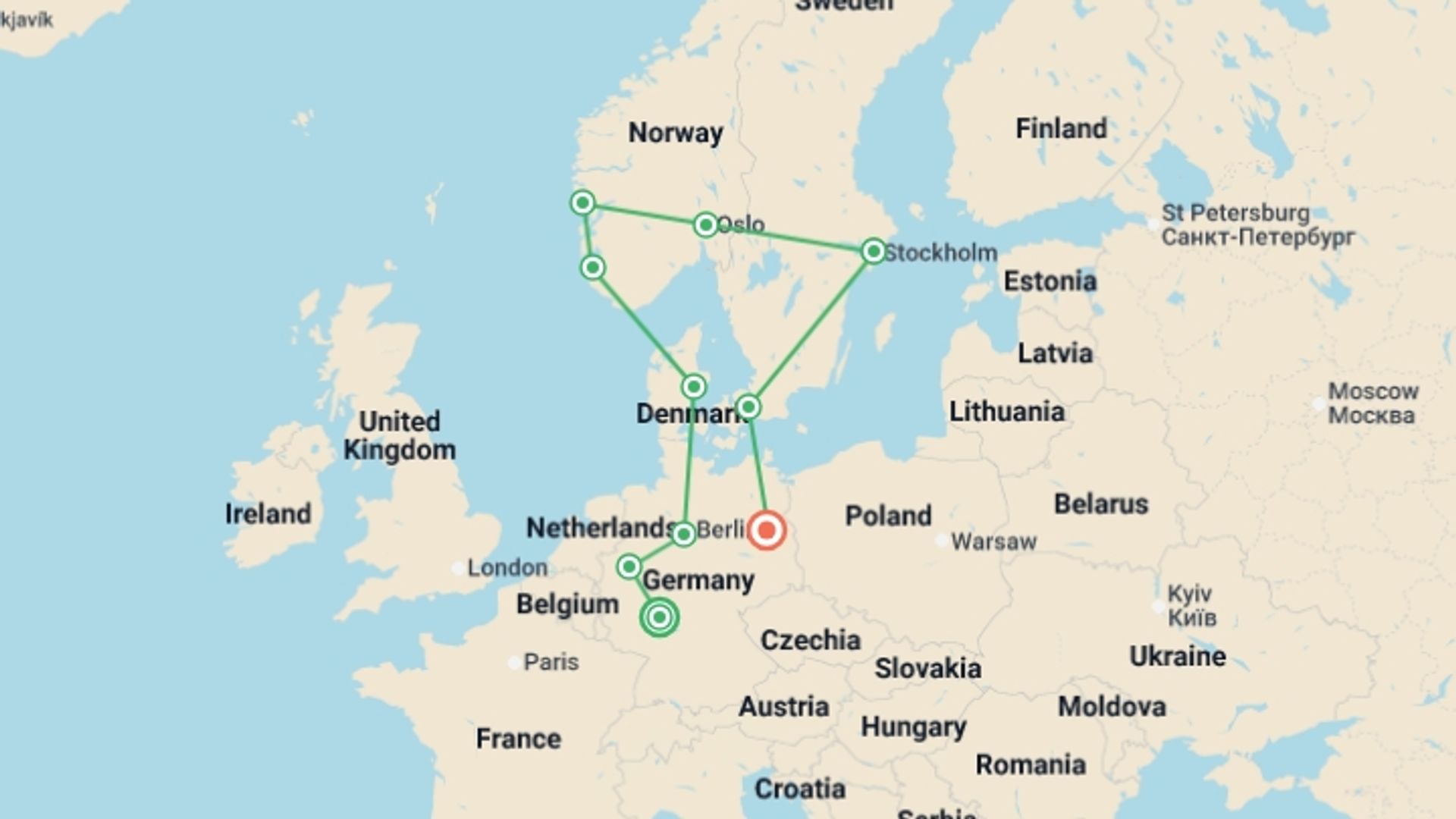 A map showing the tour itinerary for the trip: Beautiful Views End Berlin, starting in Frankfurt, Germany and ending in Berlin, Germany going through 8 other destinations.