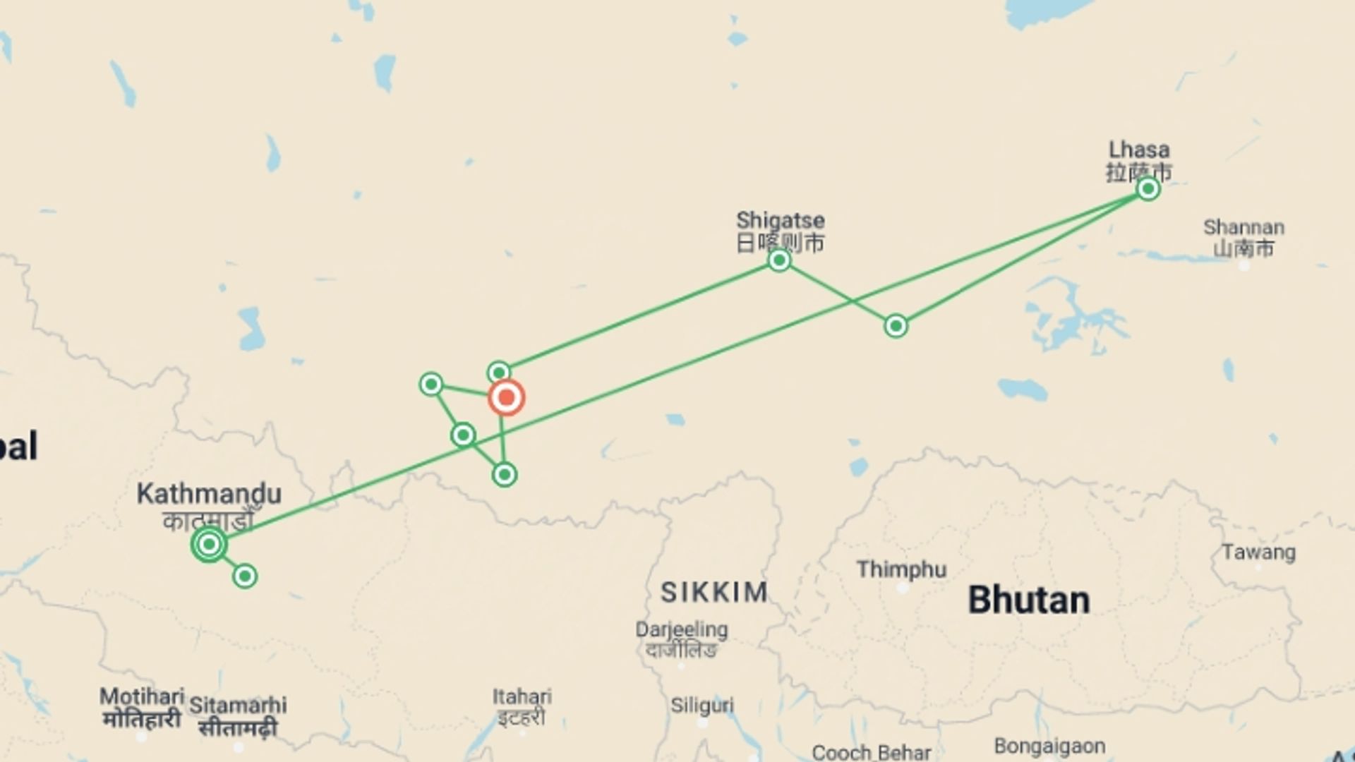 A map showing the tour itinerary for the trip: Everest Kangshung Face, starting in Kathmandu, Nepal and ending in Kerang, China going through 9 other destinations.