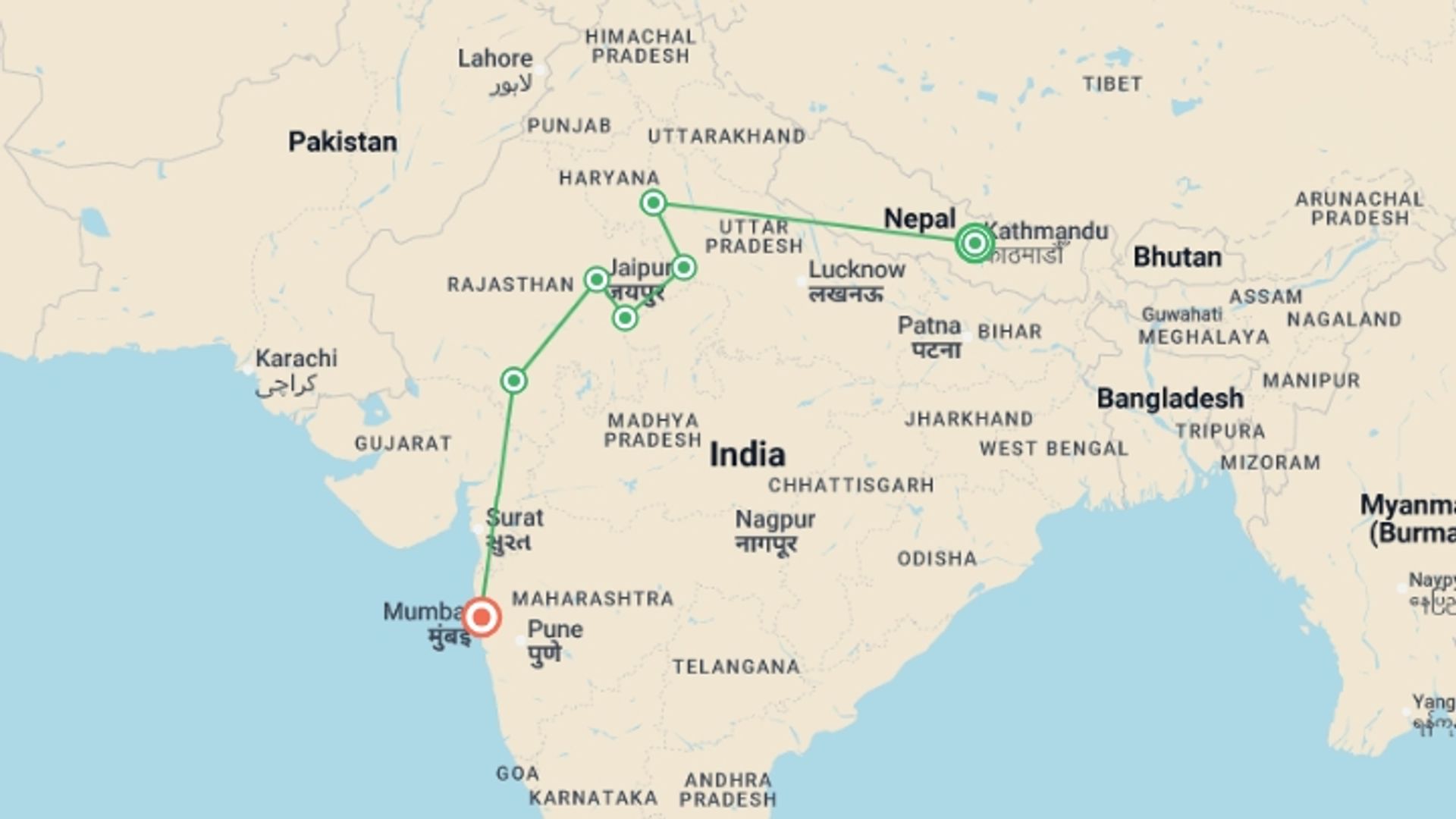 A map showing the tour itinerary for the trip: Majestic Nepal and India Luxury Tour, starting in Kathmandu, Nepal and ending in Mumbai, India going through 5 other destinations.
