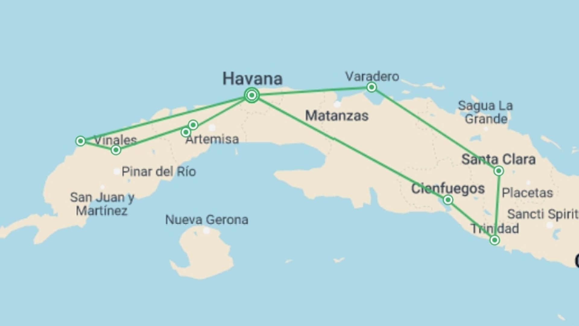 A map showing the tour itinerary for the trip: Cycle Cuba, starting in Havana, Cuba and ending in Havana, Cuba going through 8 other destinations.
