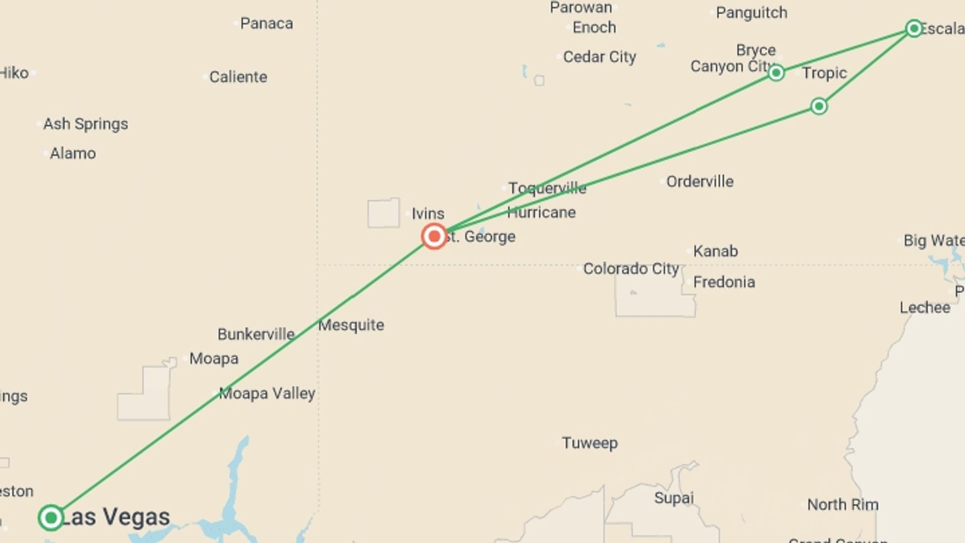 A map showing the tour itinerary for the trip: Utah's Canyons of the Escalante - 7 days, starting in Las Vegas, USA and ending in St. George, UT, USA going through 2 other destinations.