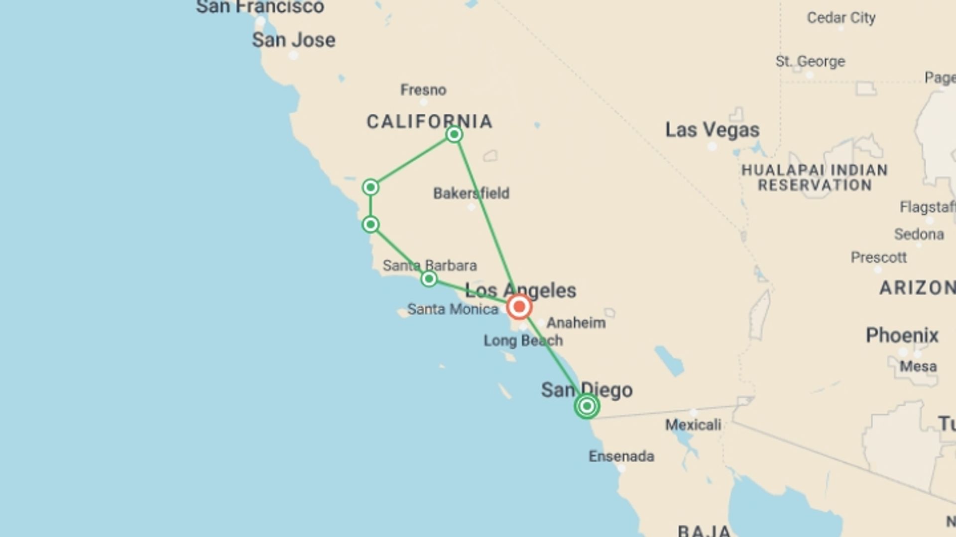 A map showing the tour itinerary for the trip: Sequoia & Kings Canyon National Parks featuring San Diego and California’s Central Coast , starting in San Diego, USA and ending in Los Angeles, USA going through 0 other destinations.
