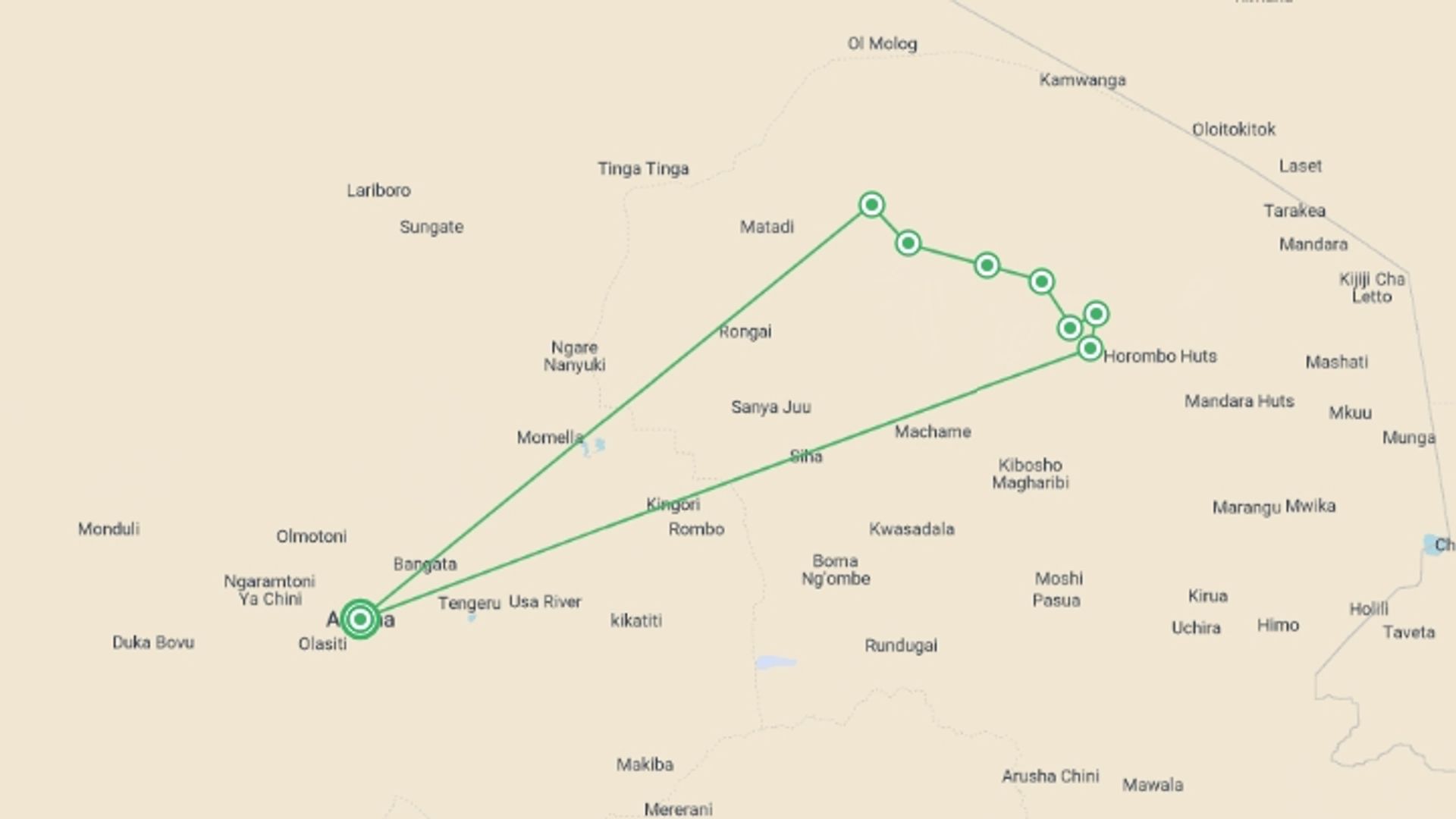 A map showing the tour itinerary for the trip: Kilimanjaro - Lemosho Route, starting in Arusha, Tanzania and ending in Arusha, Tanzania going through 1 other destinations.