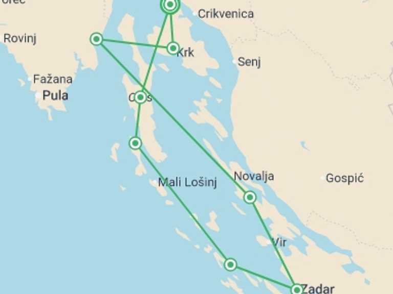 Map itinerary of Mediterranean Tour in June 2026 with 7 destination visits for the trip: Kvarner Bay Bike & Boat - Deluxe