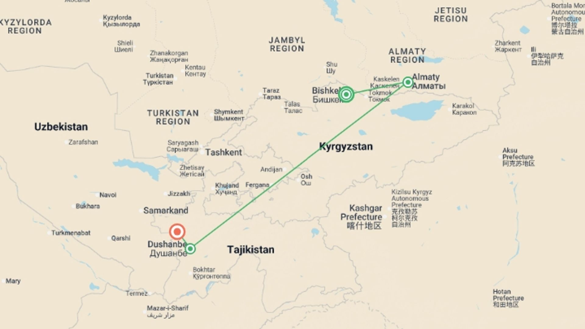 A map showing the tour itinerary for the trip: Signature: The Northern Stans & the Silk Road, starting in Bishkek, Kyrgyzstan and ending in Tashkent, Tajikistan going through 2 other destinations.