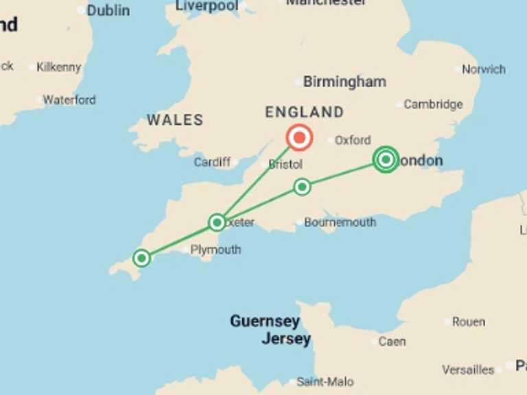 Map itinerary of Europe Tour in July 2026 with 4 destination visits for the trip: Shades of the English Countryside featuring London, Cornwall & Cotswolds