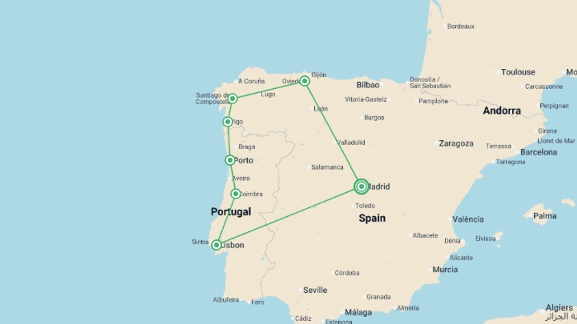 A map showing the tour itinerary for the trip: Highlights of Galicia & Portugal - 10 days, starting in Madrid, Spain and ending in Madrid, Spain going through 6 other destinations.