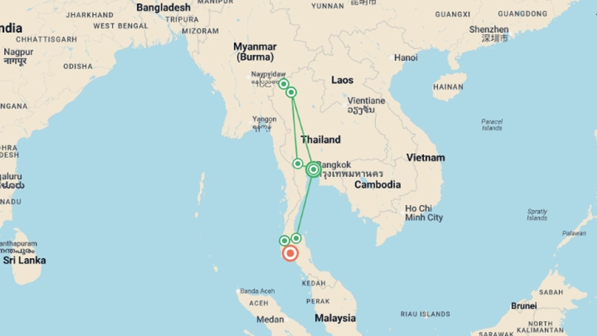 A map showing the tour itinerary for the trip: Total Thailand, starting in Bangkok, Thailand and ending in Krabi, Thailand going through 6 other destinations.