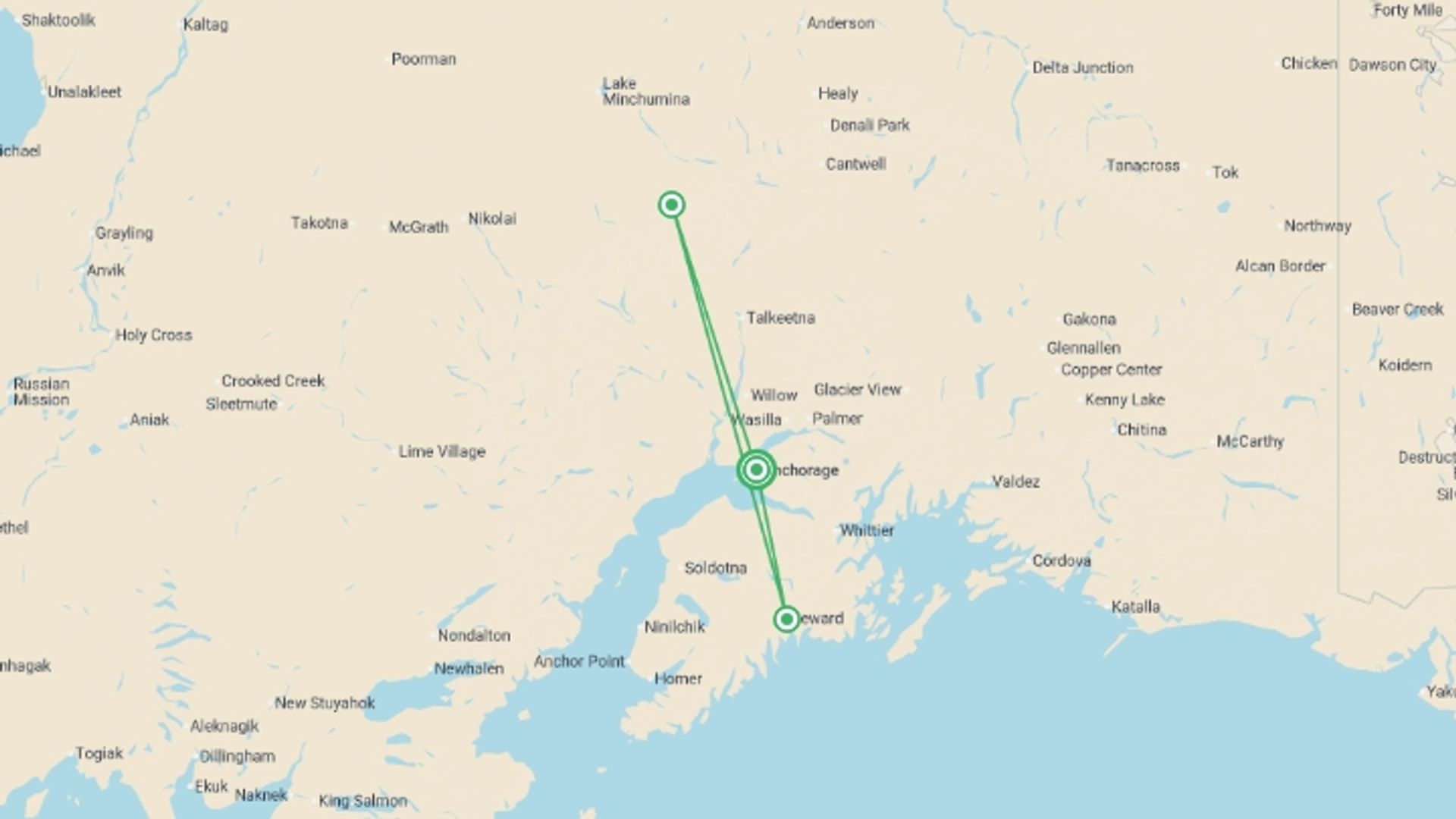A map showing the tour itinerary for the trip: Alaska Hike, Bike & Kayak, starting in Anchorage, USA and ending in Anchorage, USA going through 2 other destinations.