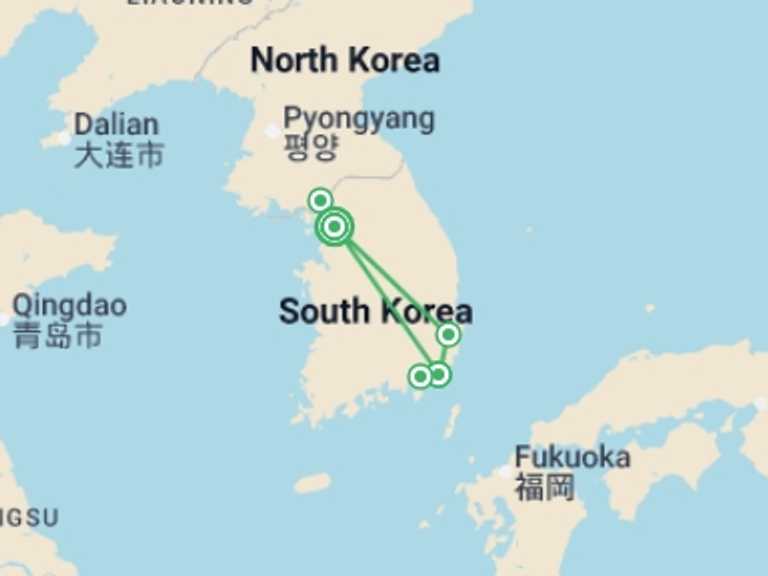 Map itinerary of South Korea Tour in Spring with 2 destination visits for the trip: South Korea Cherry Blossom Festival - 9 days