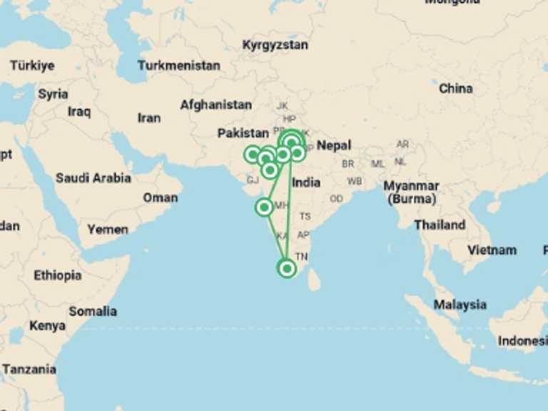Map itinerary of India Tour in Winter with 10 destination visits for the trip: Imperial Rajasthan