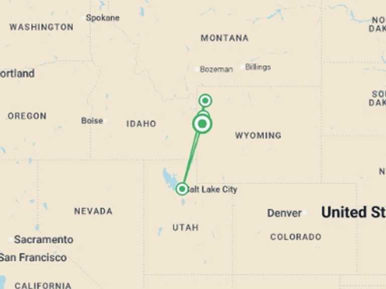 Map itinerary of North America Tour in August 2026 with 4 destination visits for the trip: Yellowstone and Grand Tetons