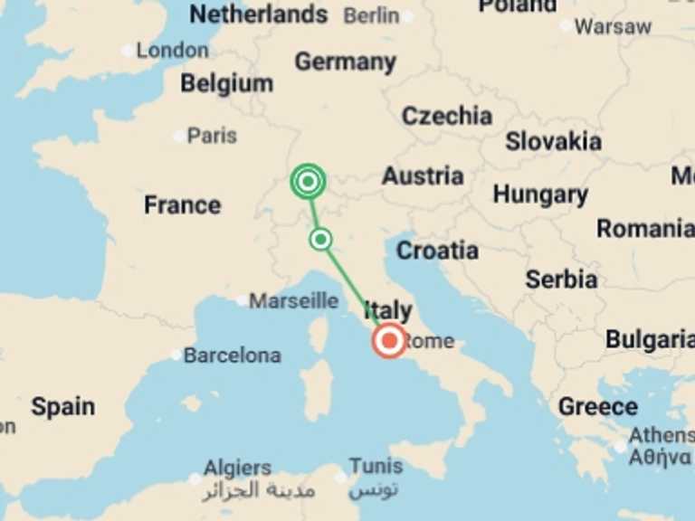 Map itinerary of Europe Tour in June 2026 with 3 destination visits for the trip: Swiss and Italian Spotlight GO