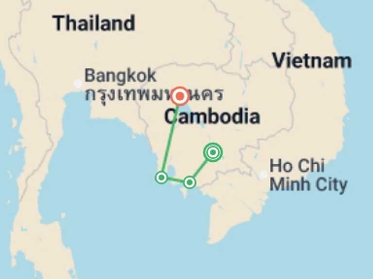 Map of South East Asia Tour with 4 destination visits for the trip: Best of Cambodia Adventure  - 10 days