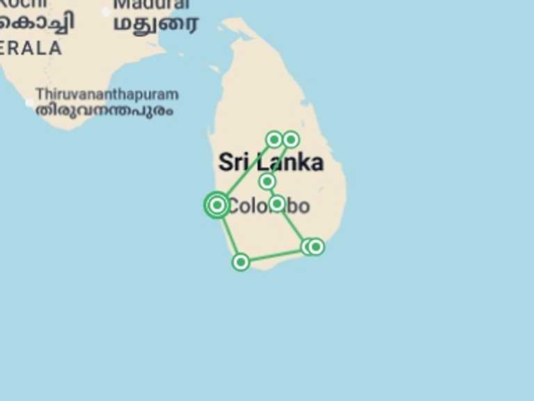 Map itinerary of Asia Tour in March 2027 with 8 destination visits for the trip: Best of Sri Lanka