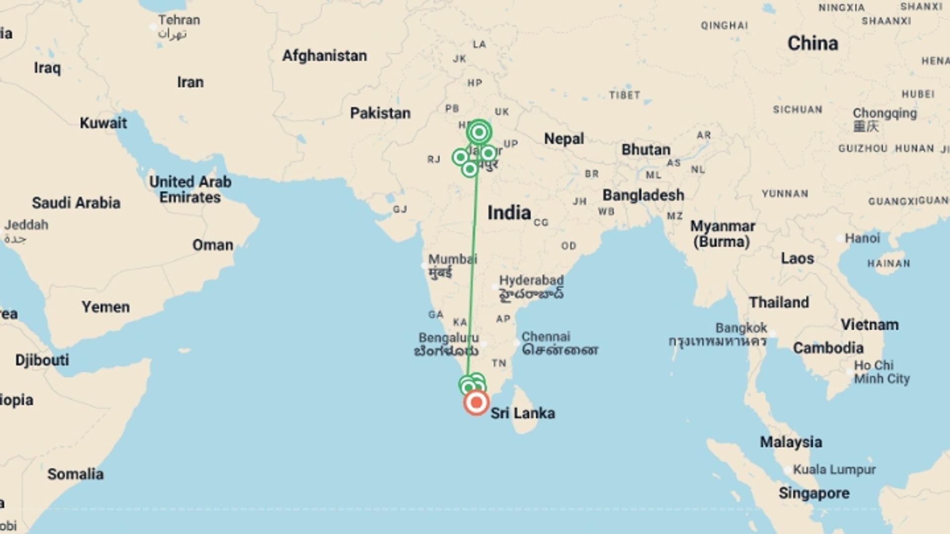 A map showing the tour itinerary for the trip: India Experience, starting in New Delhi, India and ending in Kovalam, India going through 7 other destinations.