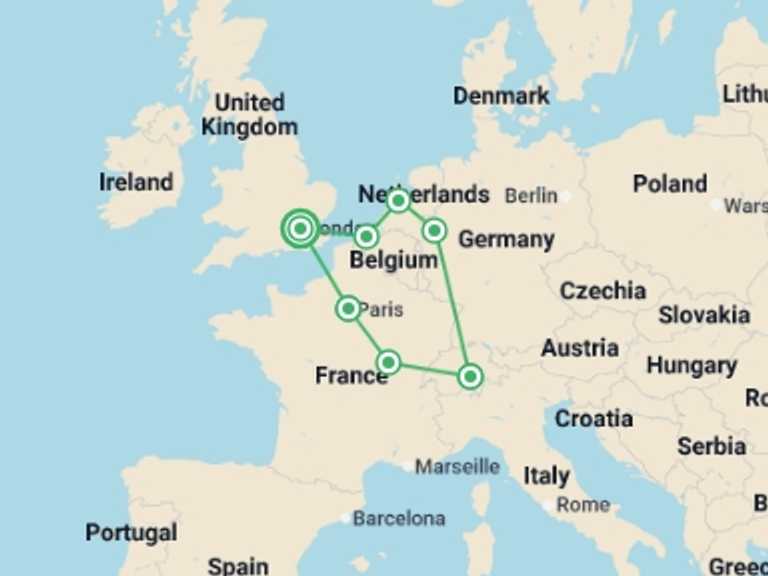 Map of Europe Tour with 7 destination visits for the trip: Europe Taster New Year