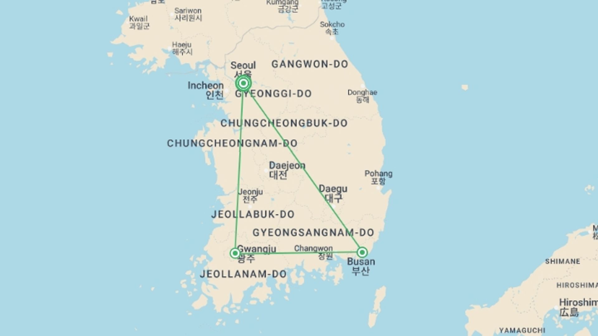 A map showing the tour itinerary for the trip: South Korea, K-Pop & Kimchi - 9 days, starting in Seoul, South Korea and ending in Seoul, South Korea going through 2 other destinations.