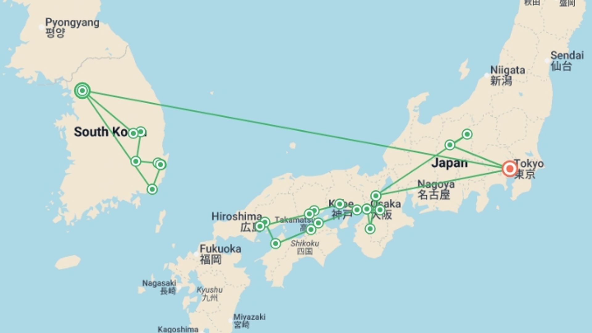 A map showing the tour itinerary for the trip: Korea and the Wonders of Japan, starting in Seoul, South Korea and ending in Tokyo, Japan going through 9 other destinations.