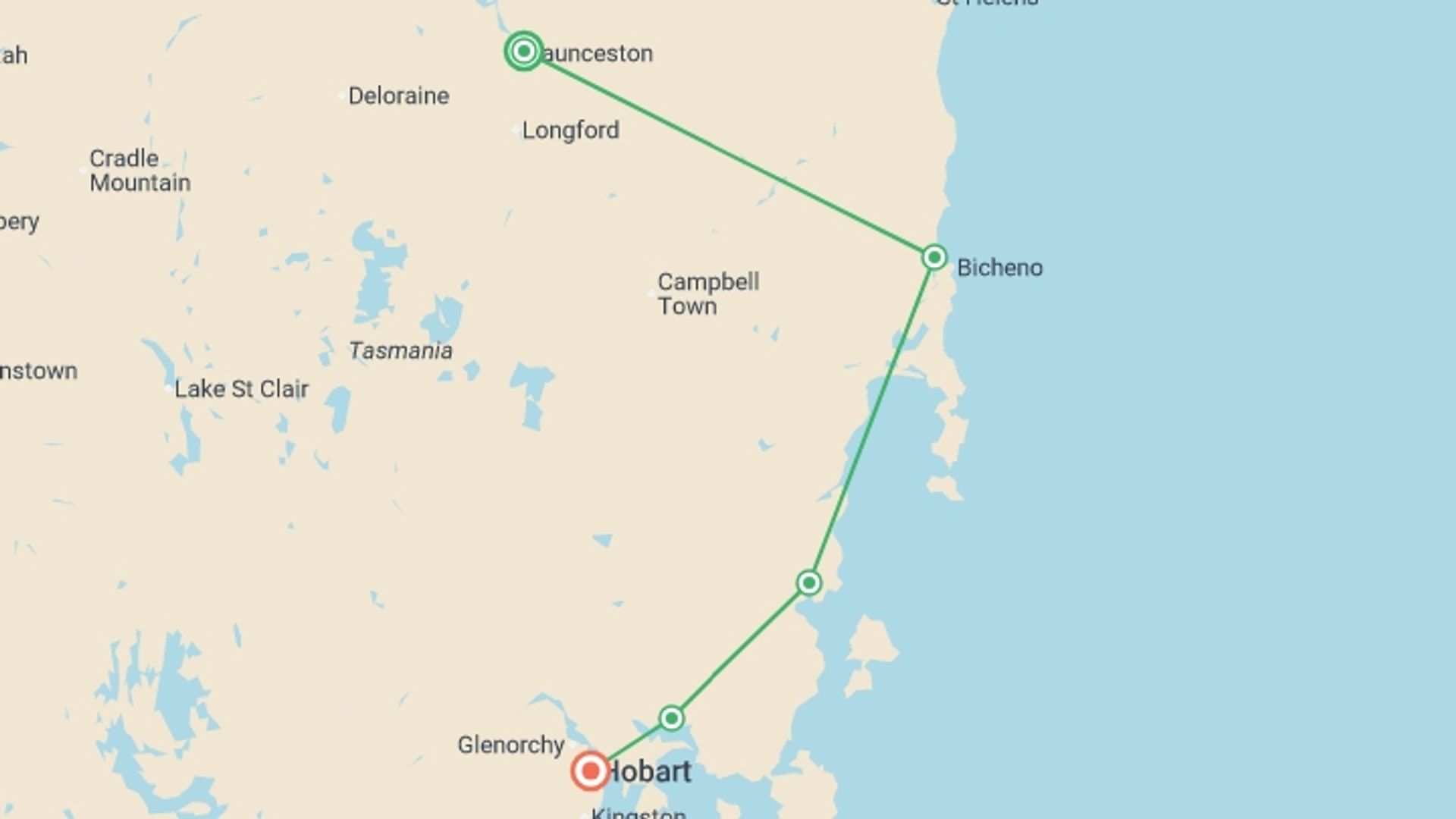 A map showing the tour itinerary for the trip: Tassie Getaway, starting in Launceston, Australia and ending in Hobart, Australia going through 3 other destinations.