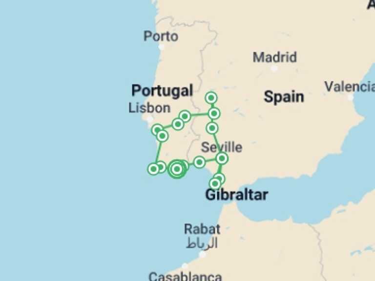 Map itinerary of Spain Tour in February 2026 with 7 destination visits for the trip: Discover The Magical Algarve, Alentejo & Andalucia, Self-drive (multi Country)