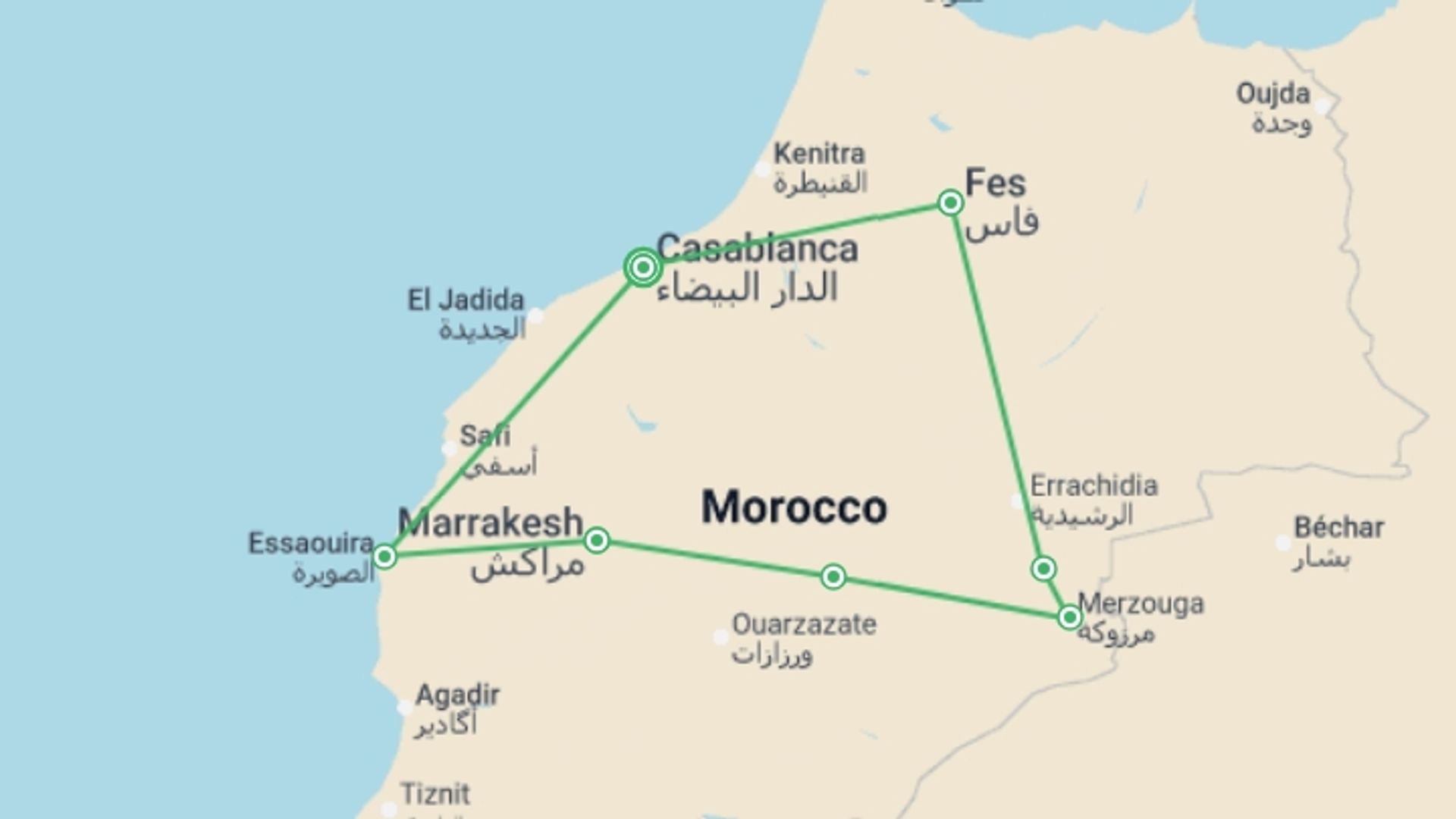 A map showing the tour itinerary for the trip: Best of Morocco, starting in Casablanca, Morocco and ending in Casablanca, Morocco going through 6 other destinations.