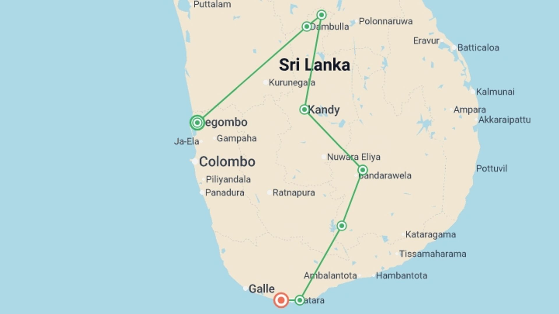 A map showing the tour itinerary for the trip: Sri Lanka Experience, starting in Negombo, Sri Lanka and ending in Mirissa, Sri Lanka going through 6 other destinations.