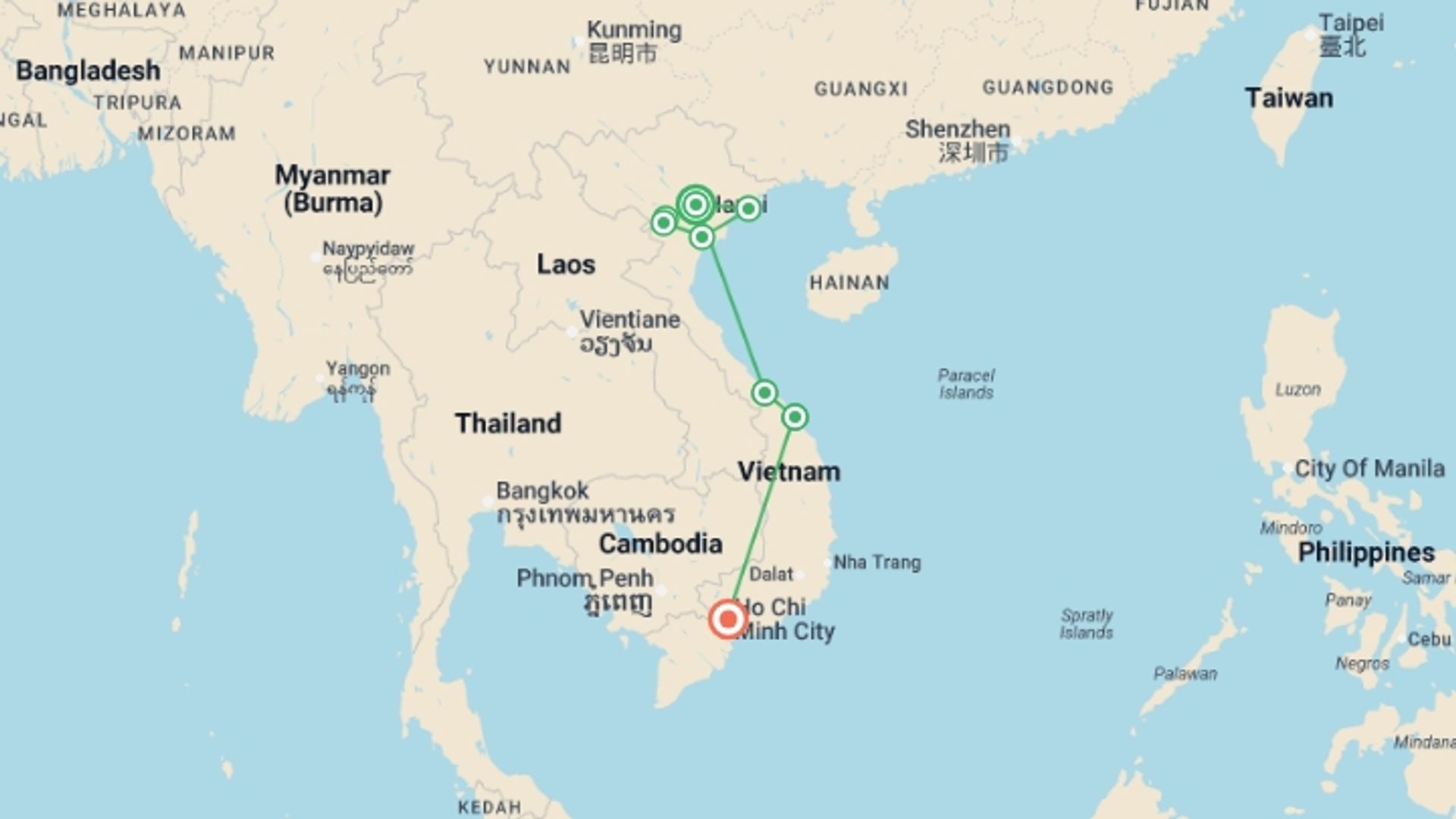 A map showing the tour itinerary for the trip: Vietnam Explorer For Teenagers - 12 days, starting in Hanoi, Vietnam and ending in Ho Chi Minh City, Vietnam going through 6 other destinations.