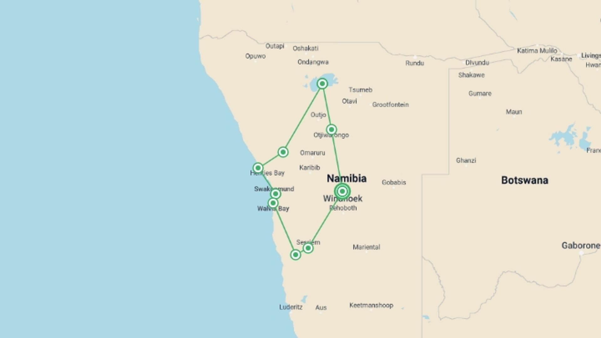 A map showing the tour itinerary for the trip: Namibia Lodge Safari, starting in Windhoek, Namibia and ending in Windhoek, Namibia going through 6 other destinations.