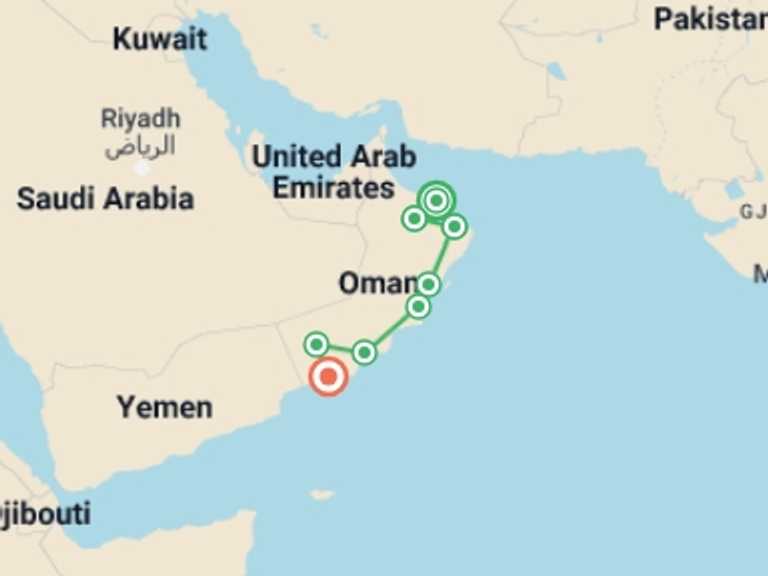 Map of Oman Tour with 8 destination visits for the trip: Oman Desert Odyssey