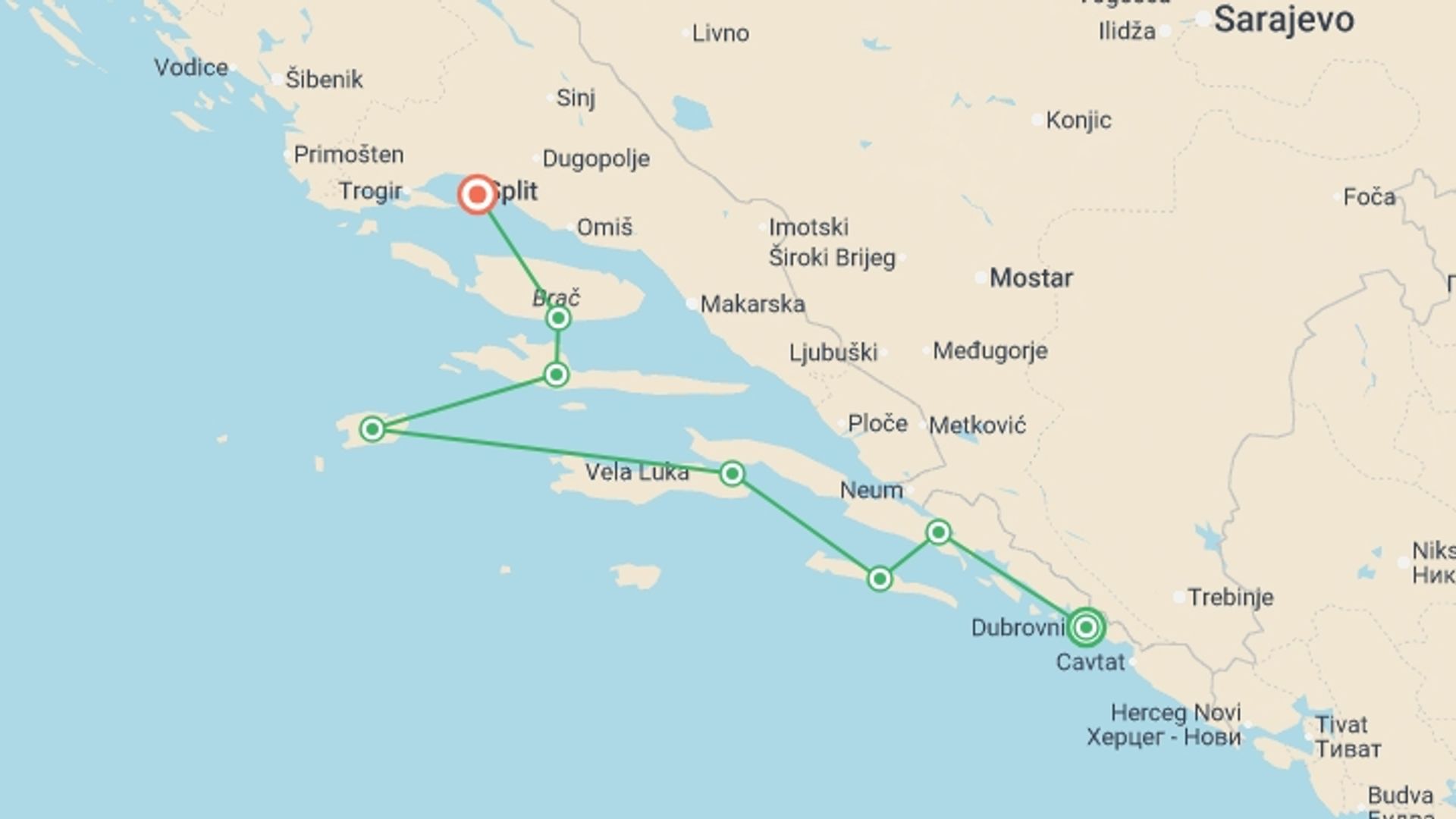 A map showing the tour itinerary for the trip: Jewels of the Adriatic from Dubrovnik - 8 days, starting in Dubrovnik, Croatia and ending in Split, Croatia going through 3 other destinations.