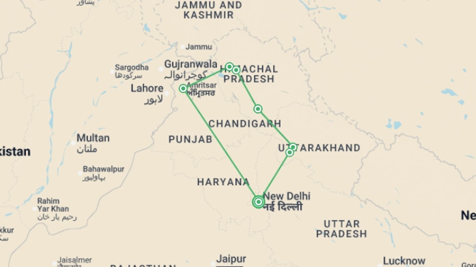 A map showing the tour itinerary for the trip: Foothills of the Himalaya, starting in New Delhi, India and ending in New Delhi, India going through 5 other destinations.