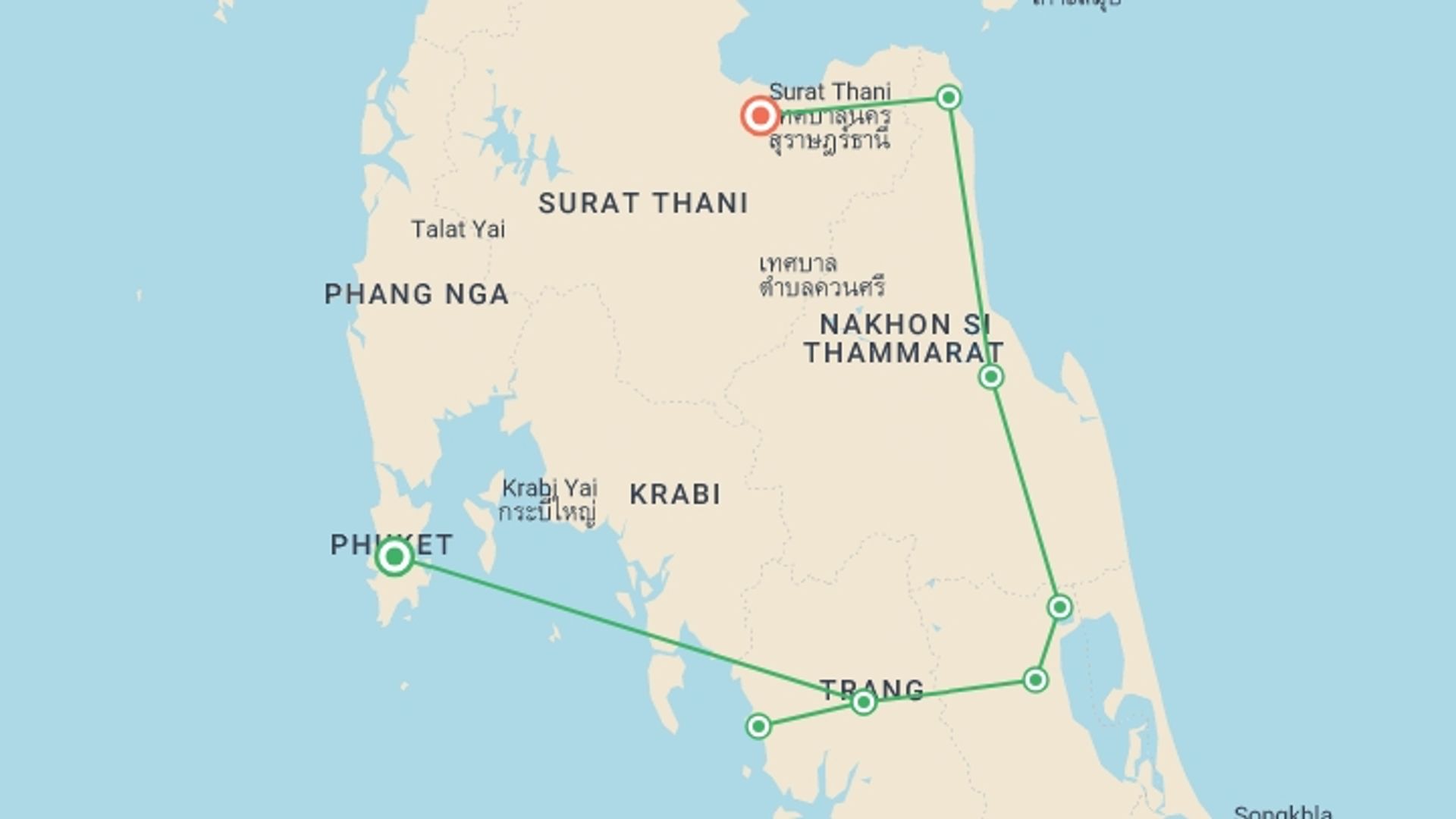 A map showing the tour itinerary for the trip: Andaman To Gulf, Private Tour, starting in Phuket, Thailand and ending in Surat Thani, Thailand going through 3 other destinations.
