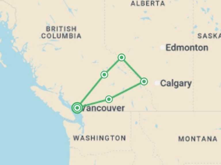 Map of Canada Tour with 5 destination visits for the trip: Icons of Western Canada from Vancouver