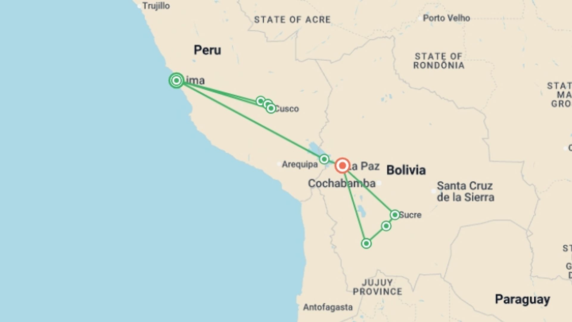 A map showing the tour itinerary for the trip: Journeys: Treasures of Peru & Bolivia, starting in Lima, Peru and ending in La Paz, Bolivia going through 7 other destinations.