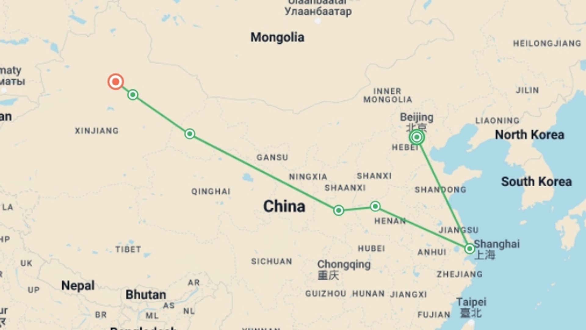 A map showing the tour itinerary for the trip: Silk Road: Mountains and Oasis, starting in Beijing, China and ending in Urumqi, China going through 5 other destinations.