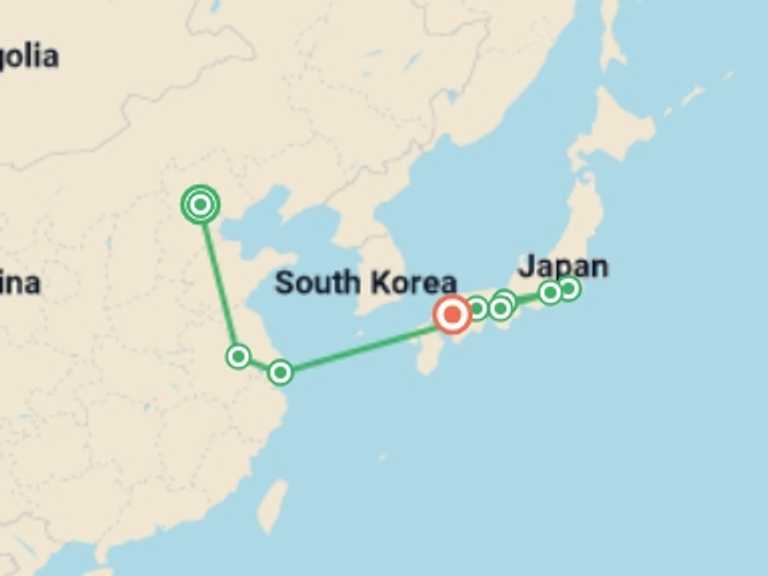 Map itinerary of Asia Tour in March 2027 with 9 destination visits for the trip: Legends of China and Japan