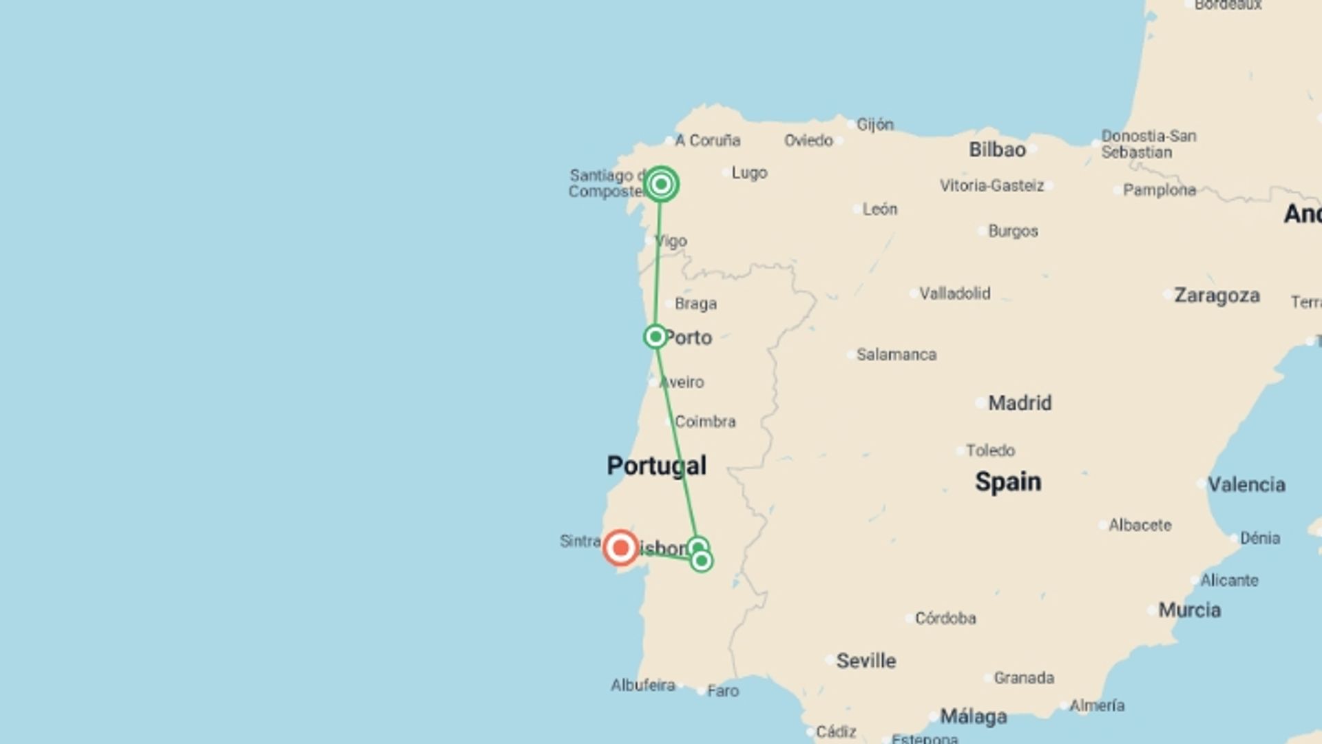 A map showing the tour itinerary for the trip: Portugal Real Food Adventure, featuring Galicia, starting in Porto, Portugal and ending in Lisbon, Portugal going through 4 other destinations.