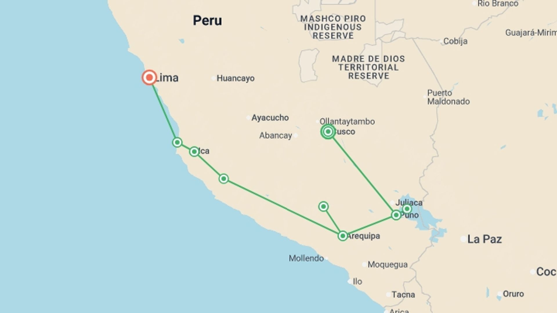 A map showing the tour itinerary for the trip: Cuzco to Lima Travel Pass, starting in Cusco, Peru and ending in Lima, Peru going through 7 other destinations.