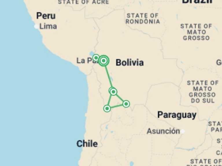 Map itinerary of South America Tour in Spring with 5 destination visits for the trip: Bolivia Explorer 9D/8N