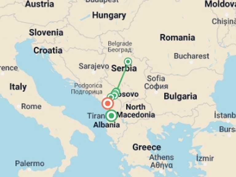 Map of Tirana Explorer Tour with 8 destination visits for the trip: Hiking in Albania, Kosovo & Montenegro