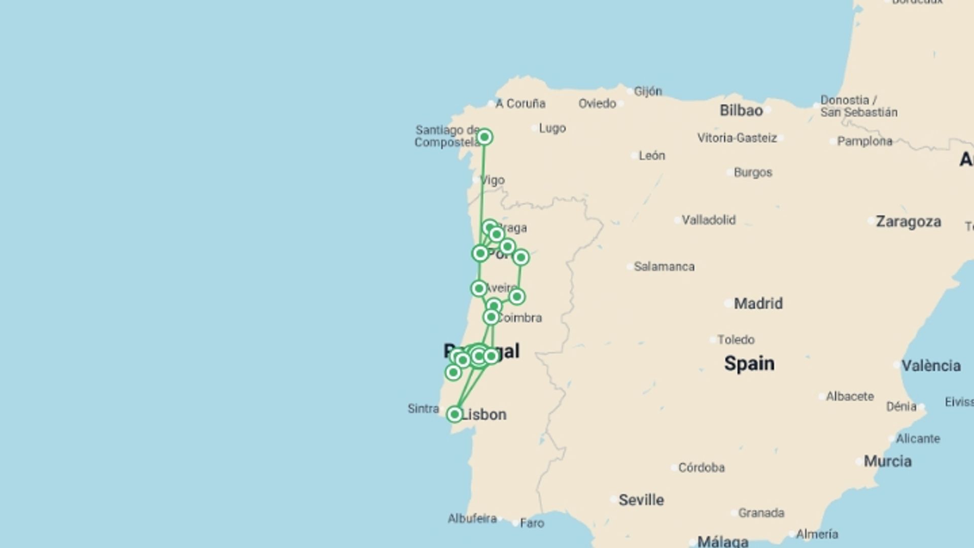 A map showing the tour itinerary for the trip: North Of Portugal, starting in Fátima, Portugal and ending in Fátima, Portugal going through 3 other destinations.