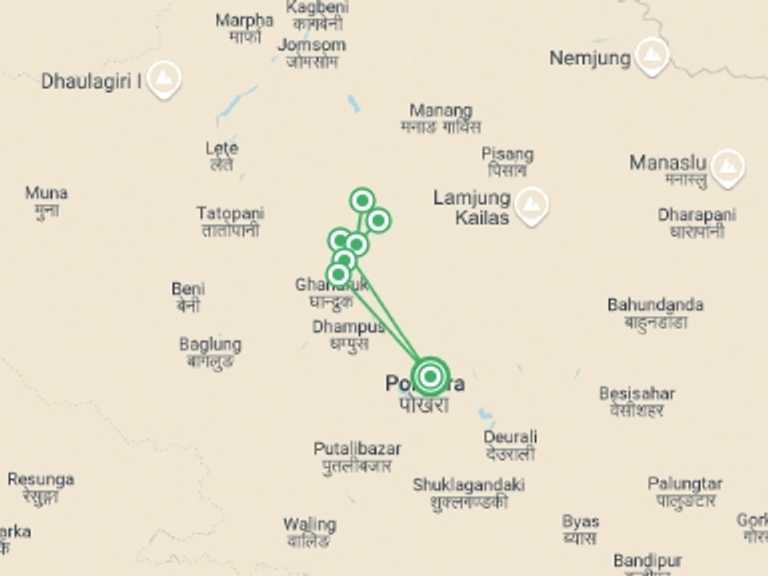 Map of Pokhara Trekking and Hiking Tour with 8 destination visits for the trip: Annapurna Base Camp Short Trek