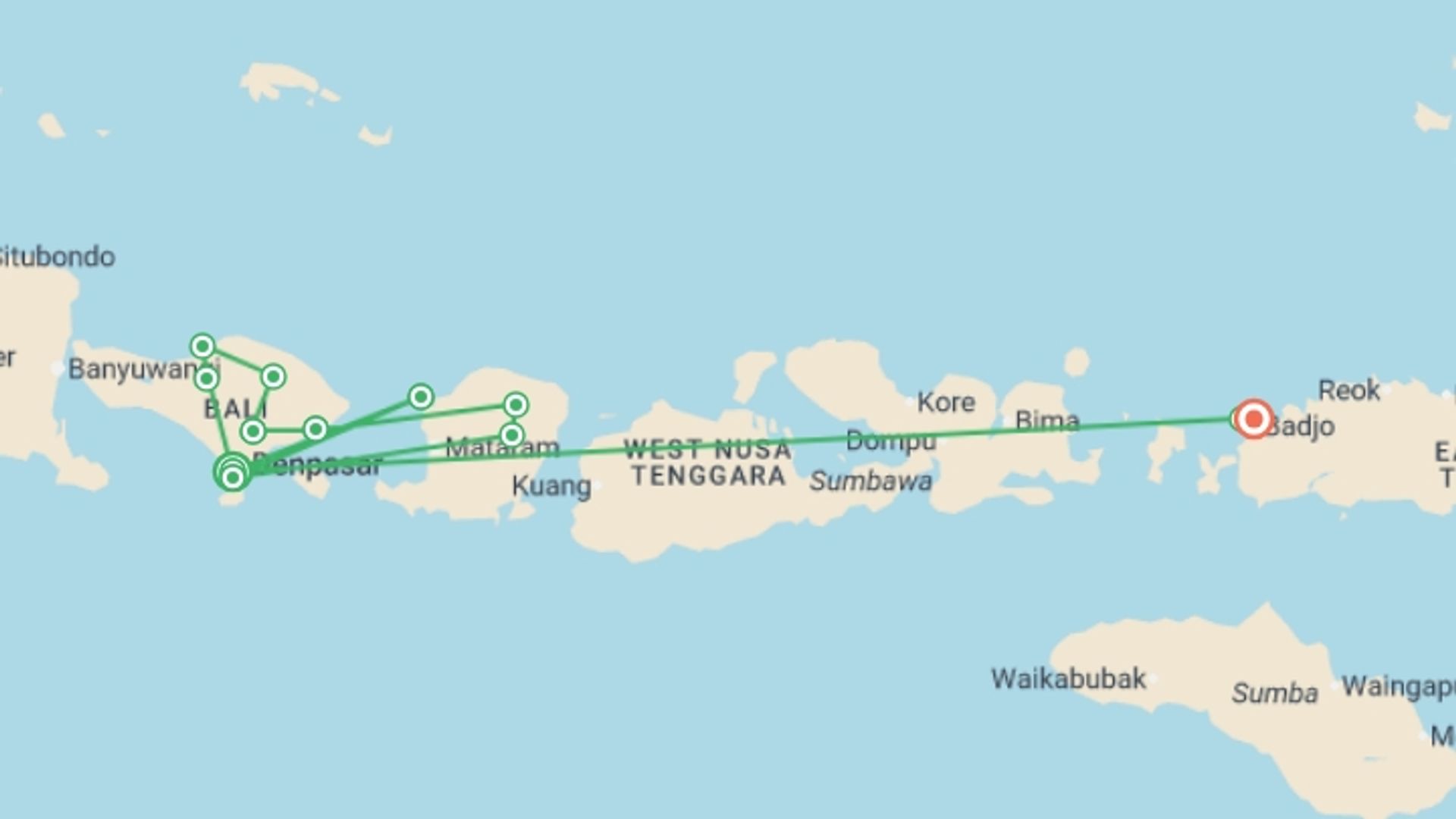 A map showing the tour itinerary for the trip: Indonesia: Bali, Komodo & Lombok, starting in Seminyak , Indonesia and ending in Labuan Bajo, Indonesia going through 11 other destinations.