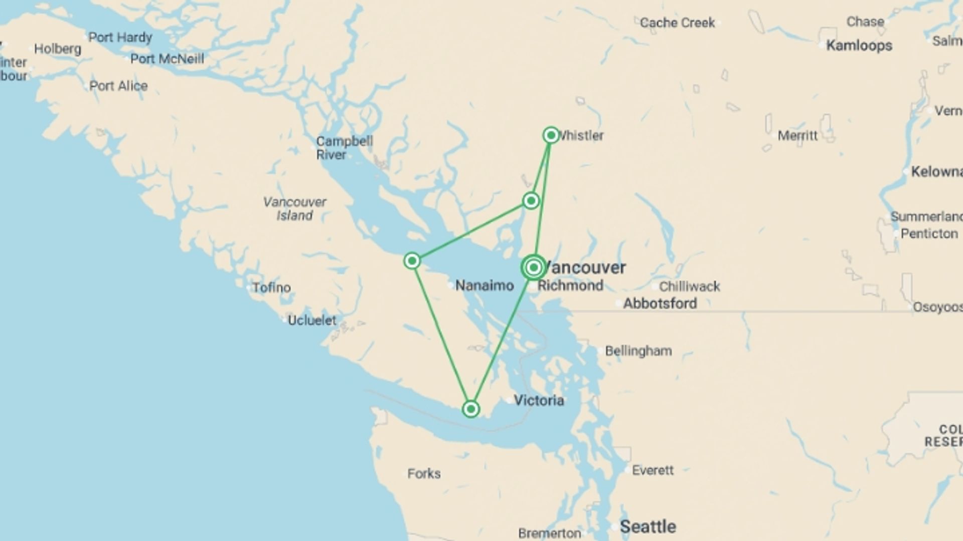 A map showing the tour itinerary for the trip: Active West Coast Canada Discovery, starting in Vancouver, Canada and ending in Vancouver, Canada going through 4 other destinations.
